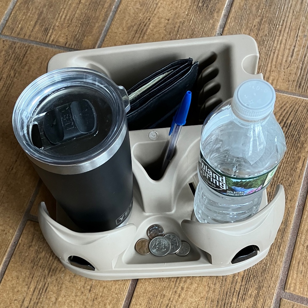 🇺🇸VINTAGE CAR CONSOLE CUP & CASSETTE HOLDER, BEIGE, ADJUSTABLE CUP HOLDERS